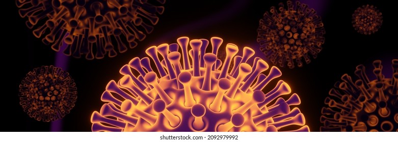 3D Microscopic COVID19 Virus. Omicron Variant. Coronavirus Mutation. Global Health Crisis.