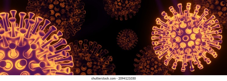 3D Microscopic COVID19 Virus. Omicron Variant. Coronavirus Mutation. Global Health Crisis.