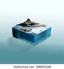 3D Microworld Deep Blue Water Island  Illustration