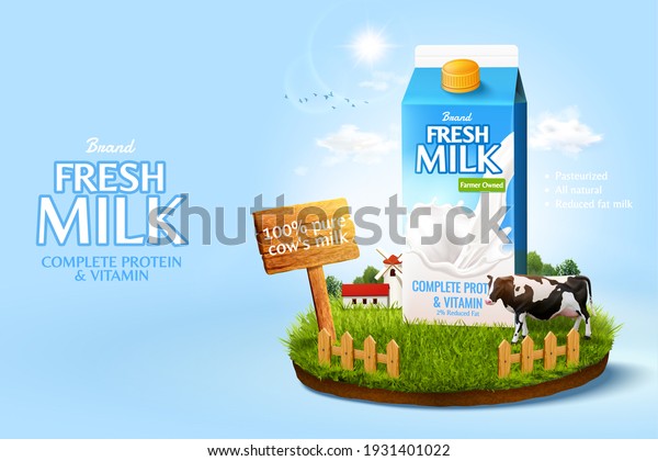 3d milk\
ad template for product display. Milk pack mock-up set in a\
miniature farm island on sunshine sky\
background.