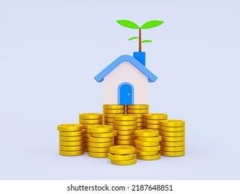 3d Mini House On A Pile Of Money. Family Growth Concept. Make Money For The Family Concept. Small House On A Pile Of Money With A Small Tree On The Chimney. 3d Rendering Illustration.