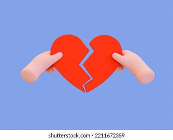 3d Minimal Broken Heart. Bad Relationships, Breaking Up, Sadness Emotions Concept. Infidelity Concept. Relationship Ended. Cartoon Hand Ripping A Heart Icon. 3d Illustration.