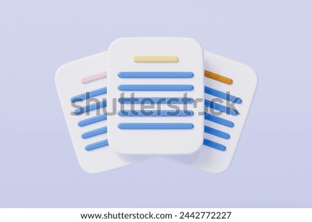 3D Minimal Business documents note paper icon. Sheets of paper with detail. Approved document concept. Minimal Cartoon design isolated on purple background.3d rendering illustration.