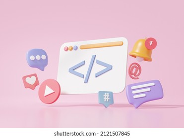 3D Minimal Cartoon Coding Language Development On Pink Background. Web UI-UX Design, Software Developer Concept. Programming Application Project. 3d Render Illustration