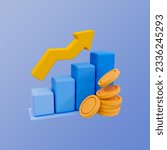 3d minimal data analysis. bar graph icon. bar chart with arrow up and a pile of coins. 3d illustration. clipping path included.
