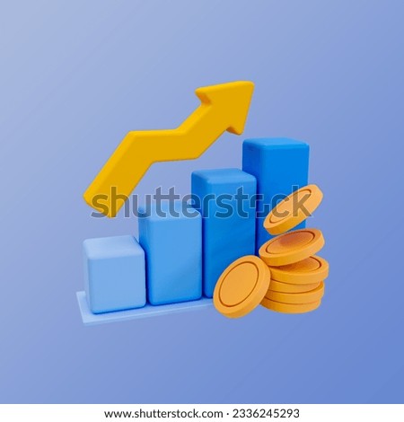 3d minimal data analysis. bar graph icon. bar chart with arrow up and a pile of coins. 3d illustration. clipping path included.