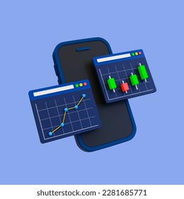 3d minimal data analysis icon. soaring finances. stock up. Strengthening currency. Smartphone with candle graph up. 3d illustration, clipping path included.