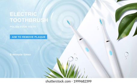 3d Minimal Electric Toothbrush Ad Banner. Two Toothbrushes On The Edge Of Swimming Pool, Designed With Water Ripples And Plant Leaves.