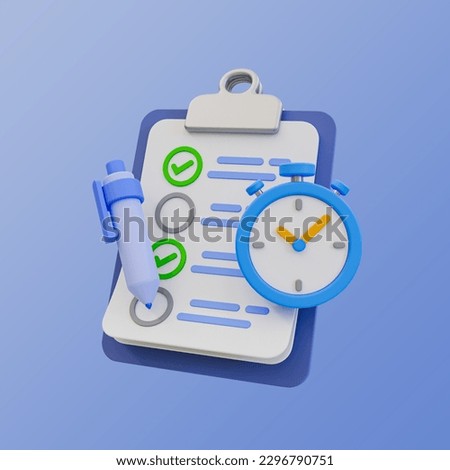 3d minimal fast working. having a quick job done. job deadline concept. clipboard with a stopwatch. 3d illustration. clipping path included.