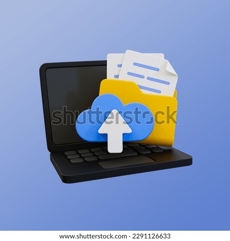 3d minimal file document upload icon. cloud computing. cloud storage system. laptop with folder and cloud upload icon. 3d illustration. clipping path included.