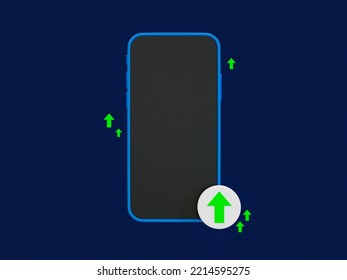 3d Minimal Increased Smartphone Usage. Popular Content. Content Trending In Social Media. Blank Smartphone Screen With A Green Rising Arrow. 3d Illustration.