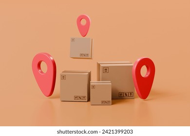 3d minimal location pin pointer marker and box packing or delivery box icon. online delivery shipping track. online order shopping service. 3d minimal style logistic box and like symbol. 3d rendering.