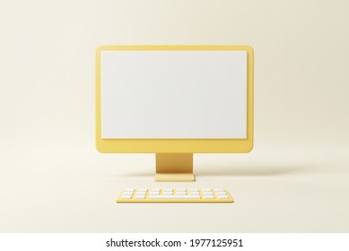 3D Minimal Mockup Yellow Desktop With White Blank Screen, Copy Space, 3d Render Illustration.