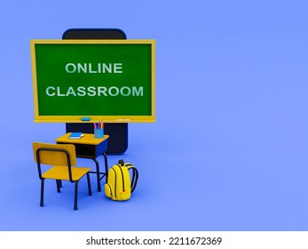 3d Minimal Online Classroom Mockup. Back To School Theme Template. School Theme Template. Colleague Compositions With Copy Space. 3d Rendering Illustration.