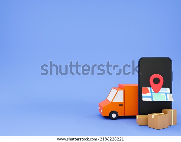 3d minimal Online delivery service concept.\
Delivery Truck prepares for product delivery. Cargo car, smartphone\
with map and location icon, and a pile of parcels. 3d rendering\
illustration.