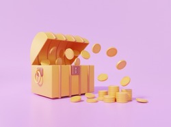 3D Minimal Open Treasure Chest With Coins Floating On Purple Background. Protection Treasure Box Coffer Concept. 3d Render Illustration