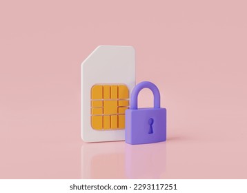 Ilustración mínima de bloqueo de tarjeta SIM con icono de candado en fondo rosa. Protección del concepto de información personal. Tarjeta SIM de teléfono móvil, tecnología de comunicación, seguridad de tarjeta sim