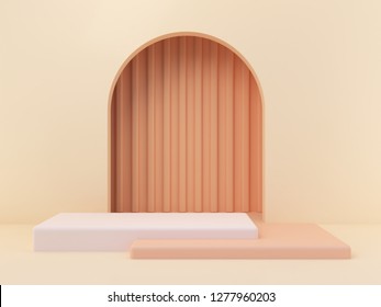 3d minimal scene with geometrical forms. Arch with a podium in pastel colors. 3d render. 