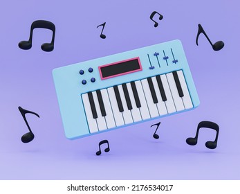 3d Minimal Small Piano. Percussion Instruments. Electronic Piano Keyboard. Piano Keys With Flying Notes Isolated On A Violet Background. 3d Rendering Illustration.