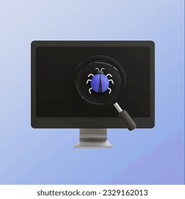 3d minimal software bugs. search for a bug. computer software error. application testing. PC screen with a bug. 3d illustration. clipping path included.