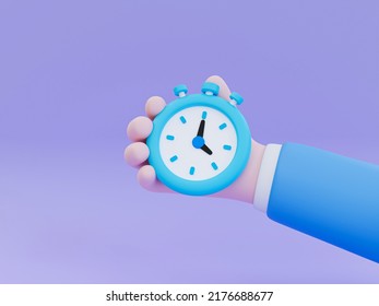 3d Minimal Stopwatch. The Concept Of Working Against Time To Gain An Advantage Over Competitors Or Gain Business Benefits. Close-up Cartoon Hand Holding A Stopwatch. 3d Rendering Illustration.