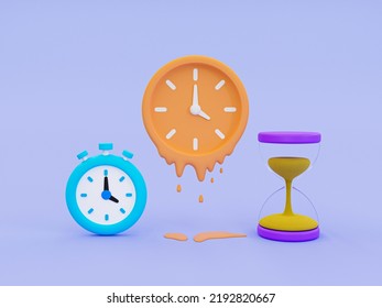 3d Minimal Time Running Out. Wasted Time Concept. The Melting Clock With Stopwatch And Hour Glass Beside. 3d Rendering Illustration.