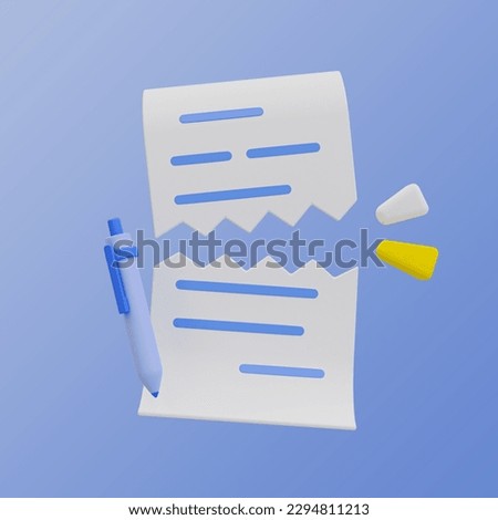 3d minimal torn paperwork. application rejected. contract termination. ripped document with a pen 3d illustration. clipping path included.