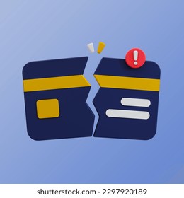 3d minimal transaction canceled. payment process error. checkout declined. broken credit card with exclamation mark. 3d illustration. clipping path included.