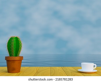 3d minimal workspace exterior design. cactus and coffee cup on wood with copy space surrounded by the ocean. workspace surrounded by water with empty space. 3d rendering illustration.