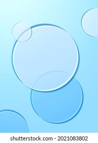 3d minimalist clear blue backdrop. Illustration of glass disks in top view  for watery cosmetic product display