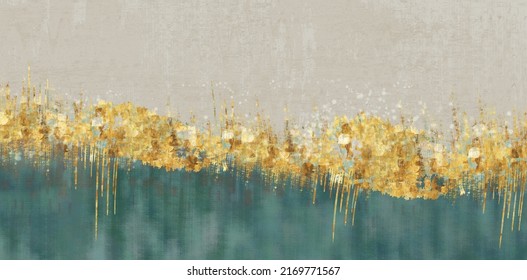 3d Minimalist Drawing Art Wallpaper For Wall Decor.Resin Geode Functional, Like Watercolor Geode Painting. Golden, Green, Light Brown, And Turquoise Background