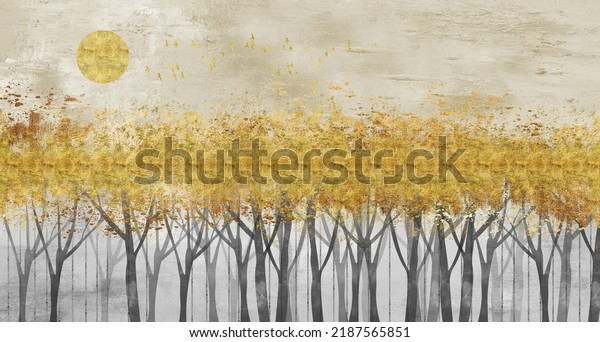 3d minimalist drawing\
art wallpaper for wall decor.Resin geode functional, like\
watercolor geode painting. black trees, sun, burds light biege, and\
gray background	