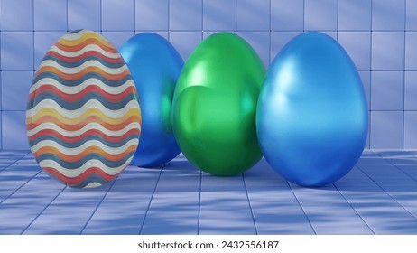 3D minimalist Easter egg design featuring a retro wave pattern, blending modern aesthetics with classic holiday charm. - Powered by Shutterstock