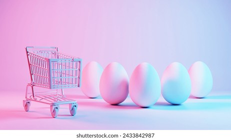3D minimalist Easter egg design with a retro wave pattern, accompanied by a shopping cart symbolizing holiday shopping and celebration.