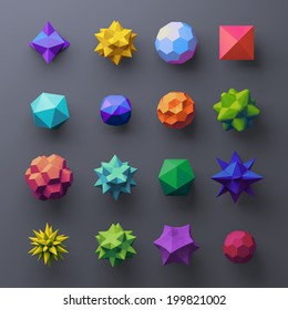 3d mixed geometrical complex faceted shapes, colorful objects