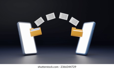 3D mobile file data transfer through cloud technology exchange data with modern internet technology, Document management. Uploading documents. Download process. Data exchange, backup. 3d rendering
