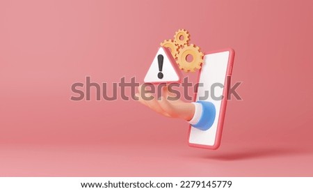 3D mobile new update available for app concept and hand hold triangle caution warning sign for notification error. Smartphone service maintenance. Remote work by phone connection. 3d rendering