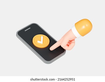 3D Mobile Phone With Check Mark And Hand Finger Press On Screen. Completed Task Or Done Payment. Tick On Smartphone Screen. Cartoon Creative Design Icon Isolated On White Background. 3D Rendering