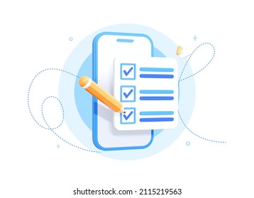 3D Mobile phone with Checklist. Smartphone screen with checkmarks. To do list with completed tasks. Note with survey or done test. Realistic elements isolated on white background. 3D Rendering