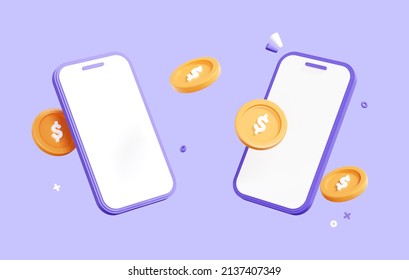 3D Mobile phone with coin. Money transfer on smartphones. Online payment concept. Mobile wallet. Cashback and banking. Screen with empty copy space. Cartoon icon isolated on purple. 3D Rendering