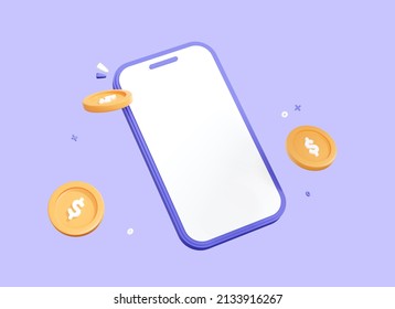 3D Mobile Phone With Floating Coins. Smartphone With Empty Copy Space And Money. Online Payment Concept. Pay Money Via App. Mockup Banner Isolated On Purple Background. Cartoon Design. 3D Rendering