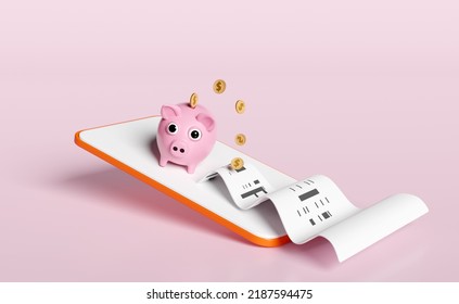 3d Mobile Phone, Orange Smartphone With Dollar Coins Money, Piggy Bank, Invoice,paper Check Receipt, Electronic Bill Payment On Pink Background. Saving Money Concept, 3d Render Illustration