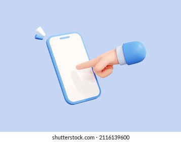 3D Mobile Phone With Touch Or Press Of Finger On Blank Screen. Hand Using Phone Screen Mockup. Cartoon Smartphone And Male Hand. Isolated Icon On Blue Background. 3D Rendering