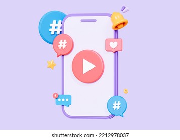 3D Mobile Phone With Video Play Button And Hashtag. Live Streaming Concept. Social Media Marketing. Online Cinema Player. Cartoon Creative Design Icon Isolated On Purple Background. 3D Rendering