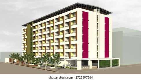 3D Mock Up Of Krissana International Dormitory Exterior Facade With Adding Roof Top