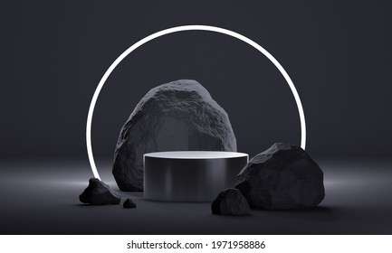 3D mock up podium with natural stones and neon lighting in a total black palette. Modern platform for product or cosmetics presentation. Dark Minimalistic trendy background. 