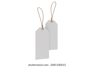 3D mockup of blank rectangle hanging tags with rope strings, metal eyelets, isolated on background. For branding, label design, packaging, fashion, retail, shipping label, wedding tag, gift tag