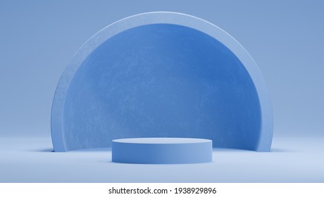 3D mock-up of a blue podium with a hemisphere or an arch on a light blue background. Bright abstract background in mid century style for product or cosmetics presentation. Geometric figures