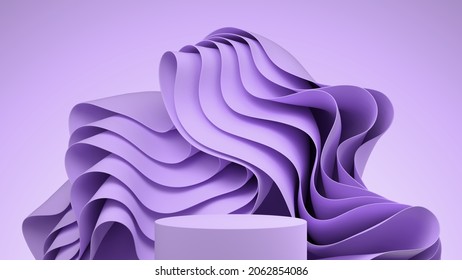 3d mock-up podium with abstract wavy cloth. Geometric background in lavender colors. Abstract Modern platform for product or cosmetics presentation. Bright Stylish contemporary backdrop. Render scene. Stockillustration