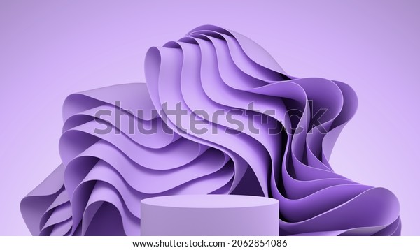 3d mock-up podium with abstract wavy cloth.\
Geometric background in lavender colors. Abstract Modern platform\
for product or cosmetics presentation. Bright Stylish contemporary\
backdrop. Render\
scene.